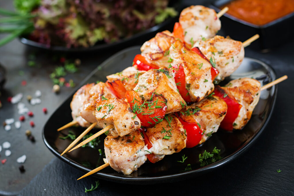 Plated yummy Sweet pepper chicken on skewers | Interchick Chicken Recipes